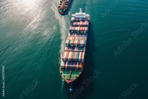 Aerial view of container ship in the sea. Cargo freight ship, generative Ai © Angus.YW