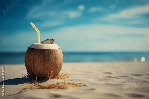 A coconut with a blue straw on a beach. Generative AI