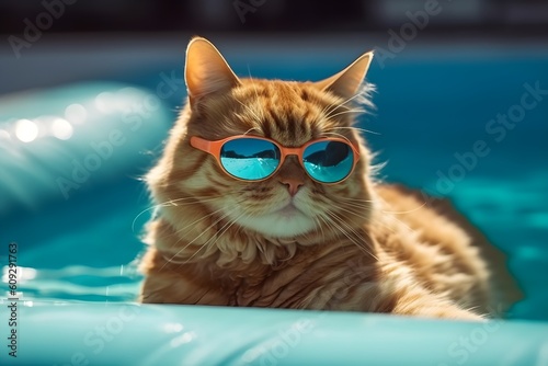 A cute cat wearing sunglasses lying on a float in swimming pool. Generative AI