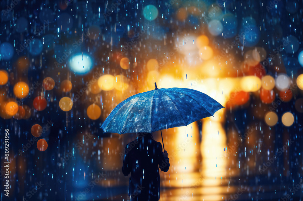 雨の中傘をさして歩く女性の後姿、生成AI