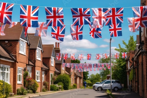 London street decorated with British flags, generative Ai