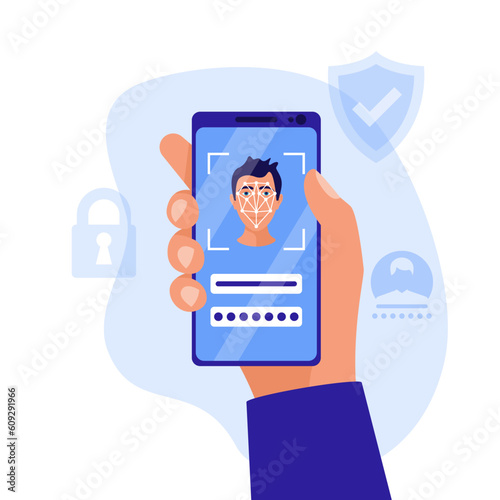 Face authentication. Facial recognition system. Smartphone hold in hand man. Biometric identification face. Scans person. Mobile app. Vector illustration flat design. Isolated on white background.