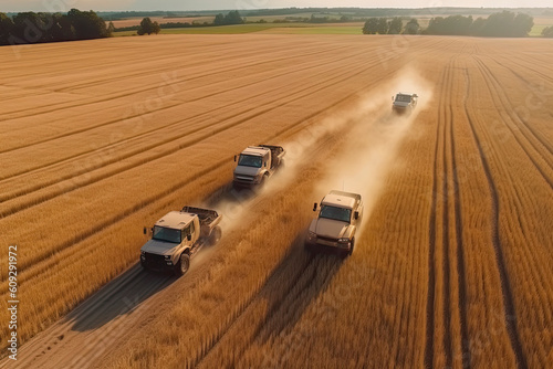 Autonomous transportation in agriculture. Self-driving harvesters ride on wheat field and harvest. Aerial view.AI Generative © rufous
