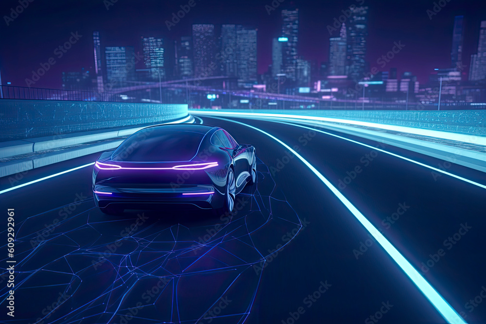 Following Aerial Drone View: Autonomous Self Driving Car Moving Through Megapolis City Highway.AI Generative