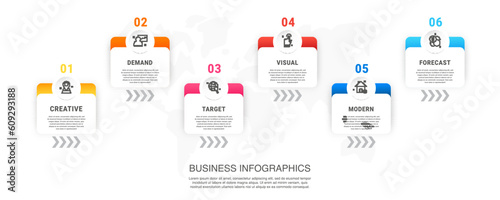 Infographic template with six steps. Vector rectangular graphic with arrows and place for text and icons, process, workflow, chart, and options on white background