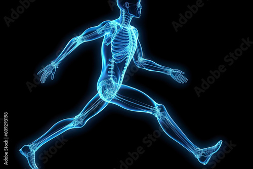 concept of orthopedic medical technology, graphic of a man running with skeleton x-ray scan.AI Generative