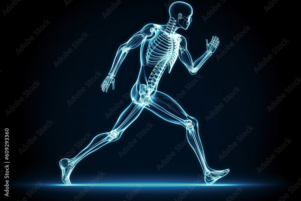 concept of orthopedic medical technology, graphic of a man running with skeleton x-ray scan.AI Generative