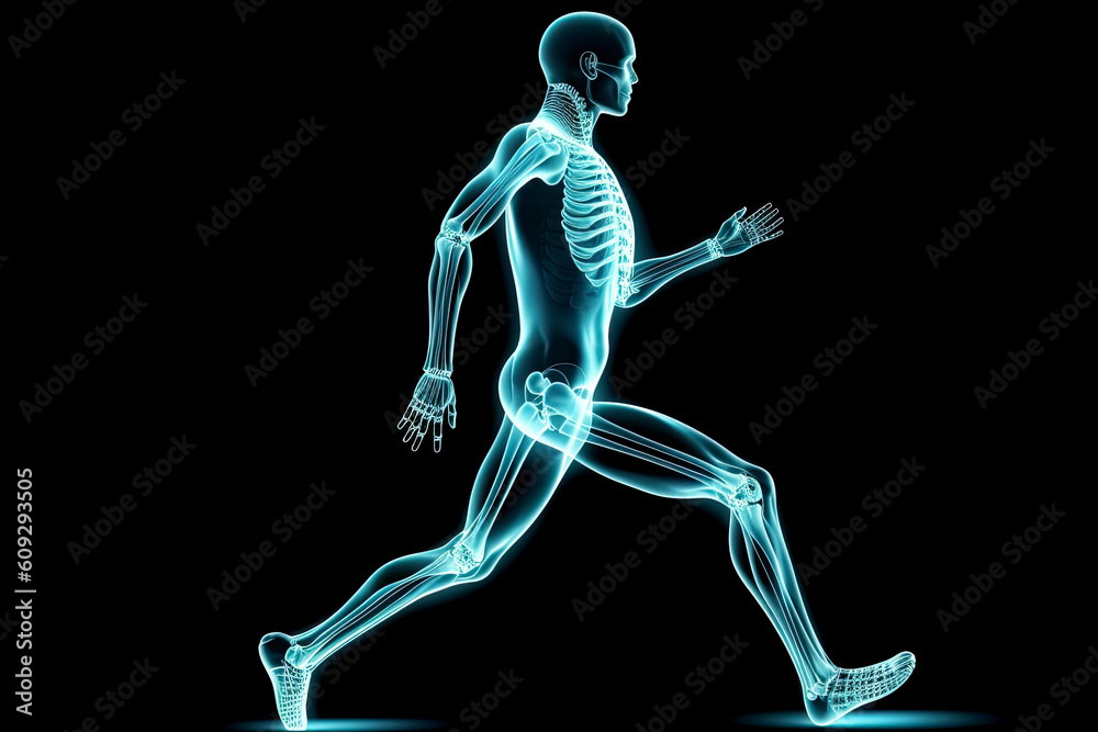 concept of orthopedic medical technology, graphic of a man running with skeleton x-ray scan.AI Generative concept of orthopedic medical technology, graphic of a man running with skeleton x-ray scan.AI Generative