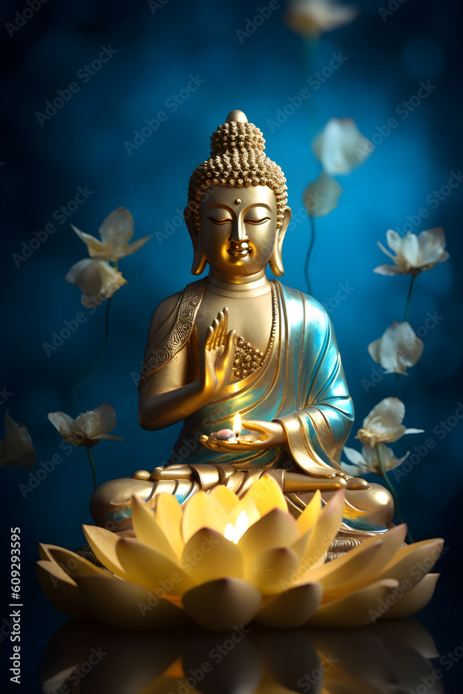 A golden buddha statue with candle and lotus flower on blue background