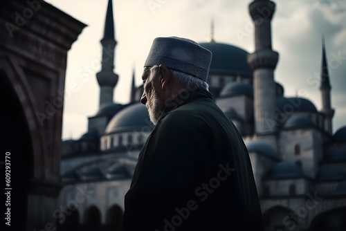 A muslim man looks out of mosque photo