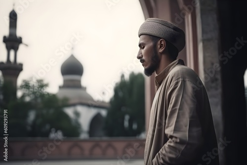 A muslim man looks out of mosque