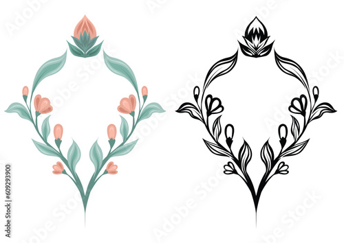 Vector set of folk art floral wreathes. Collection of frames made of flowers and stems isolated from the background. Natural design elements