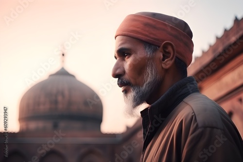 A muslim man looks out of mosque photo