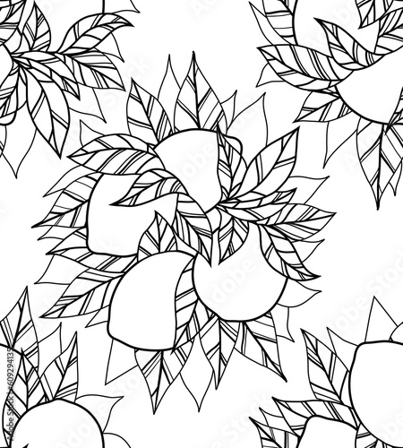 Vector monochrome pattern with contour bush of citrus fruits with leaves. Seamless texture with bunch of outline lemons with foliage