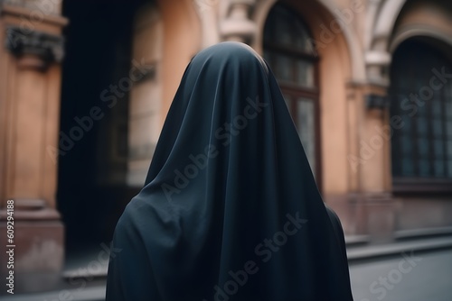 A Muslim woman in a black niqab outfit stands in a courtyard