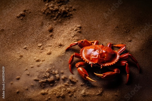 A red crab on the sand surface. Generative AI photo