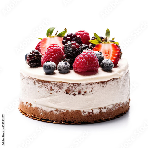 Cake with berries on white background. Generative AI