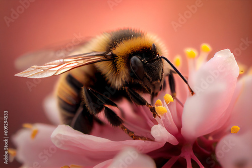 Bee on a pink sakura flower, macro view. A bee collects nectar, close-up view.