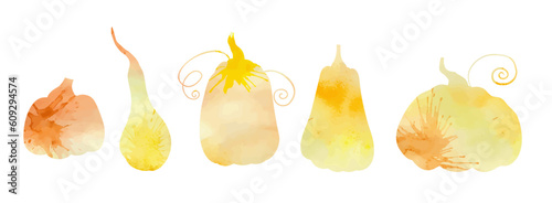 Vector set of watercolor silhouettes of pumpkins isolated from the background. Paint splatter vegetables for logos and icons. Autumn harvest.