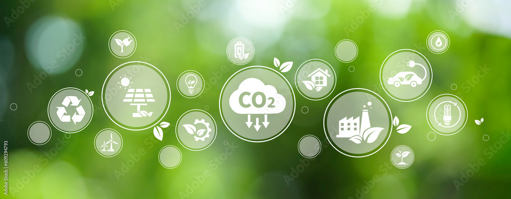 The concept of reduce co2 emission using clean energy and reduce climate change problem with relate icon on green environment background for web banner.	
 - obrazy, fototapety, plakaty 