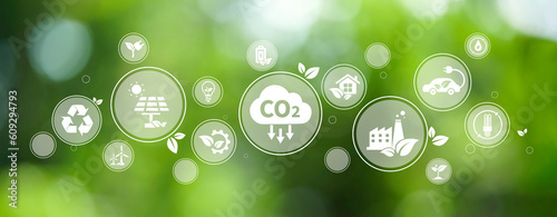 The concept of reduce co2 emission using clean energy and reduce climate change problem with relate icon on green environment background for web banner. 