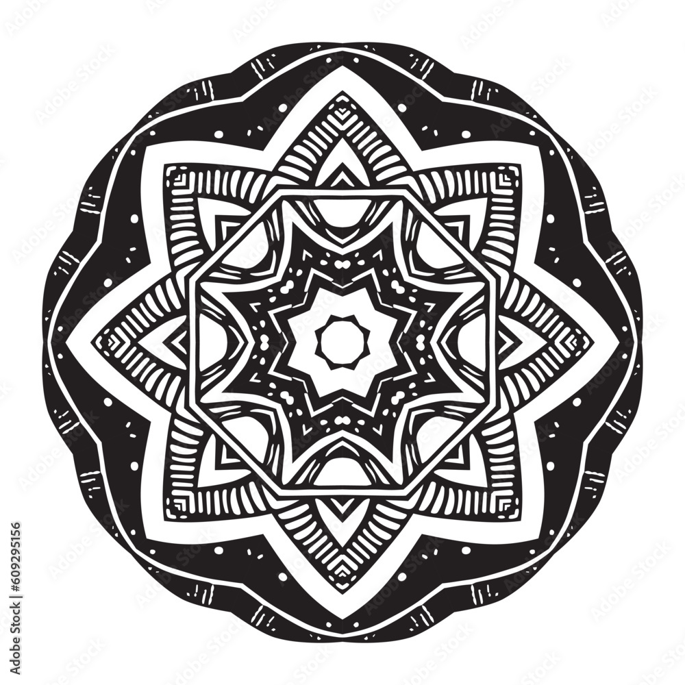 Floral filigree mandala for coloring book, circle mehndi ornament, psychedelic illustration, black line art on white background