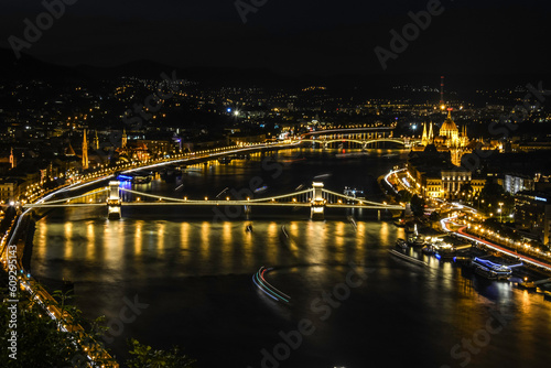 Night in Budapest, Hungary - The Danube River and Budapest Cityscape View from the Citadella