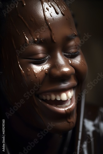 A young african american woman with chocolate dripping on her face