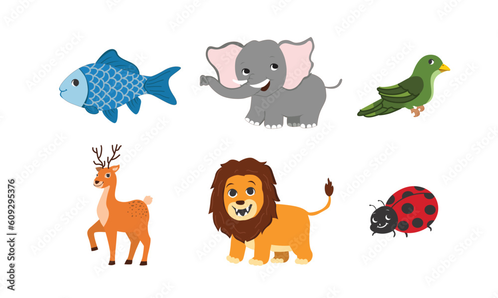 Cute wild animals set including fish, elephants, birds, deer, lions and beetles. Safari jungle animals vector. Woodland animal illustration.