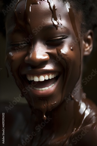 A young african american woman with chocolate dripping on her face photo