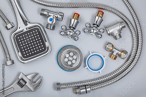 Bathroom Plumbing Accessories On White Background.