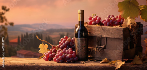 A bottle of red wine and grapes stand by an open window overlooking a beautiful landscape. Retro style.