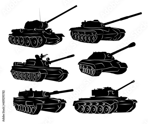 The set of silhouettes military tanks.