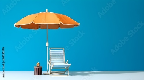 Beach chair and umbrella on blue background