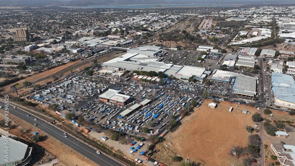 Gaborone Bus and Taxi rank with Railpark Mall in the background, Botswana, Africa