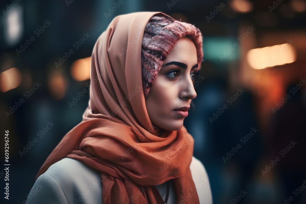 Beautiful muslim woman wearing hijab stands in a city street Beautiful muslim woman wearing hijab stands in a city street