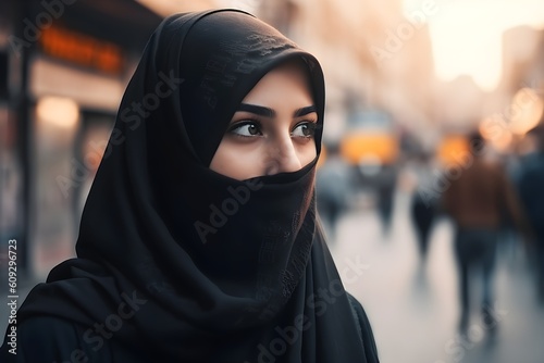 Beautiful muslim woman wearing hijab stands in a city street