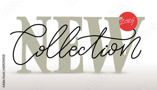 New collection 2024 text. Modern brush calligraphy. Hand drawn lettering word. Trending creative concept for social media, banner, cover, print labels, poster, card. Minimalistic vector illustration.