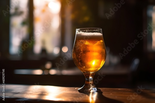 Beer in a glass on a wooden table