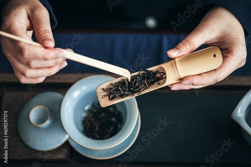 Man enjoying tea at home with Asian style. Make tea and enjoy it at home while relaxing
