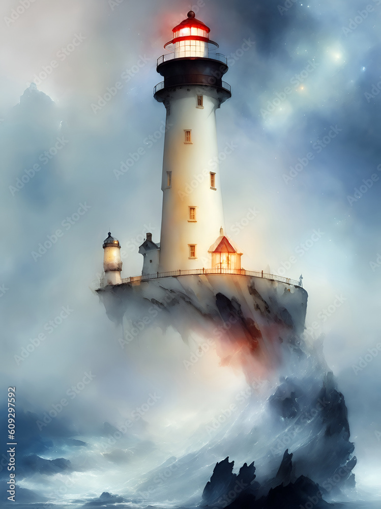 Lighthouse in the sea, painting. AI generated illustration