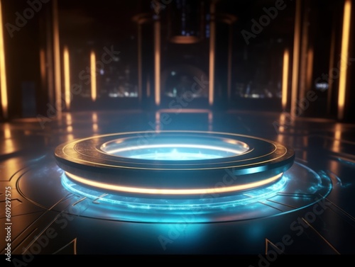 Fantastic Circle holograms magic portals. Futuristic round stage with neon lights. Glowing round stage on a dark background. 