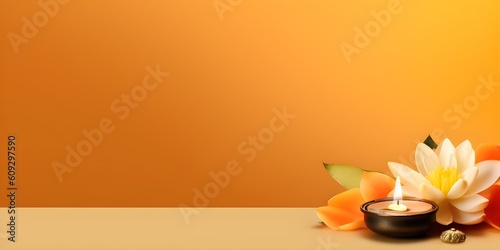 Buddha statue and lotus flower on orange background. Generative AI photo