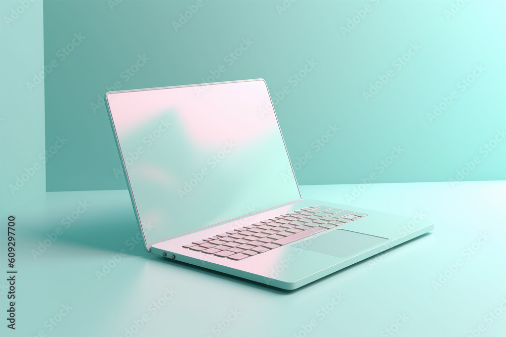 Simple laptop computer on green background. Generative AI illustration Simple laptop computer on green background. Generative AI illustration