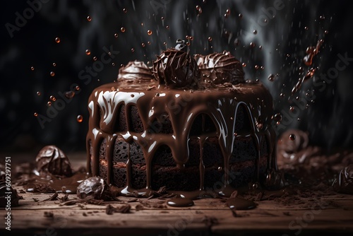 Chocolate cake with chocolate glaze on a dark background photo