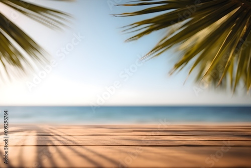 Wooden table in front of beautiful seascape & coconut tree background. For present your products. Summer Concept Generative AI.
