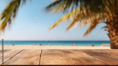 Empty Rustic Wooden Table in front of Beautiful Beach with Palm Tree Leaf and Shiny Blue Sky. Background for Product Display and Business with Copy Space. Generative AI