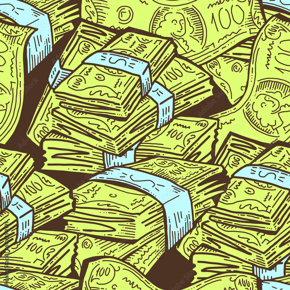 Obraz premium Money seamless pattern background for print design. Hundred dollars banknotes, a lot of cash for finance. economy, business theme for success. Hand drawn line illustration, cartoon style drawing.