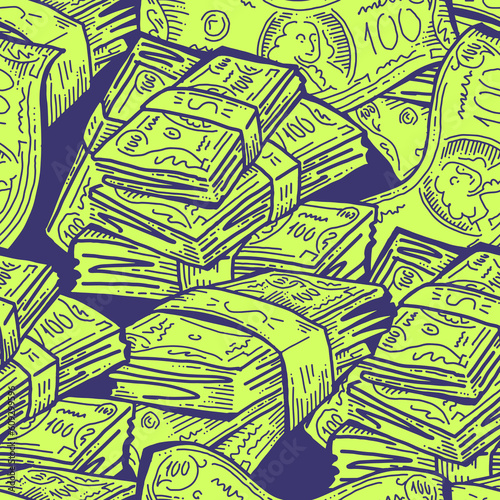 Money seamless pattern background for print design. Hundred dollars banknotes, a lot of cash for finance. economy, business theme for success. Hand drawn line illustration, cartoon style drawing.