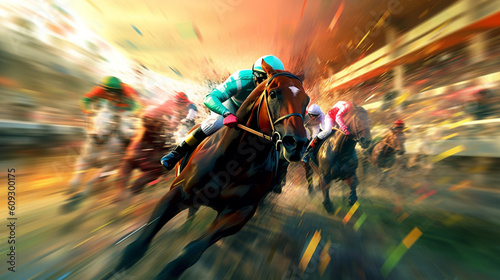 Fotografiet Horse racing as a jockey and their racing horse dash towards victory